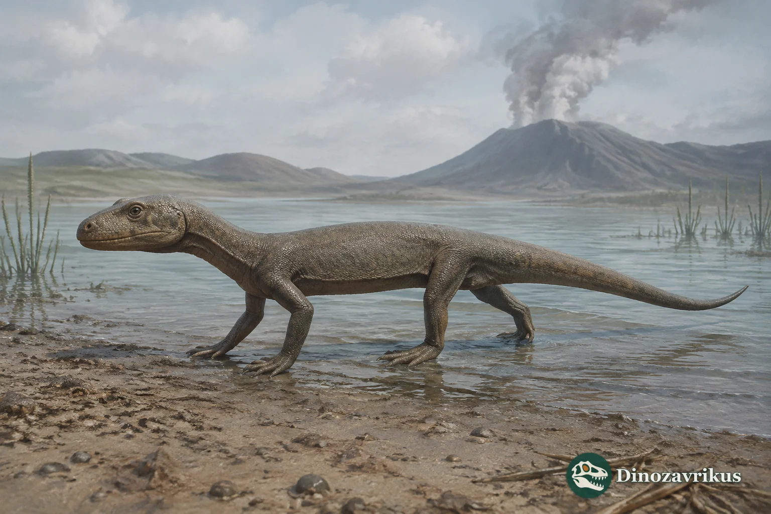 Monjurosuchus splendens swimming in a shallow Early Cretaceous lake