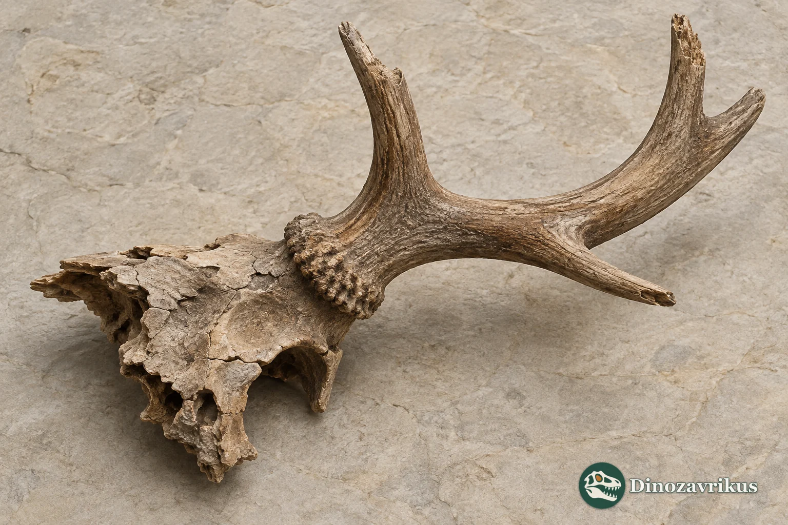 Illustrative fossil antler base and partial frontal bone