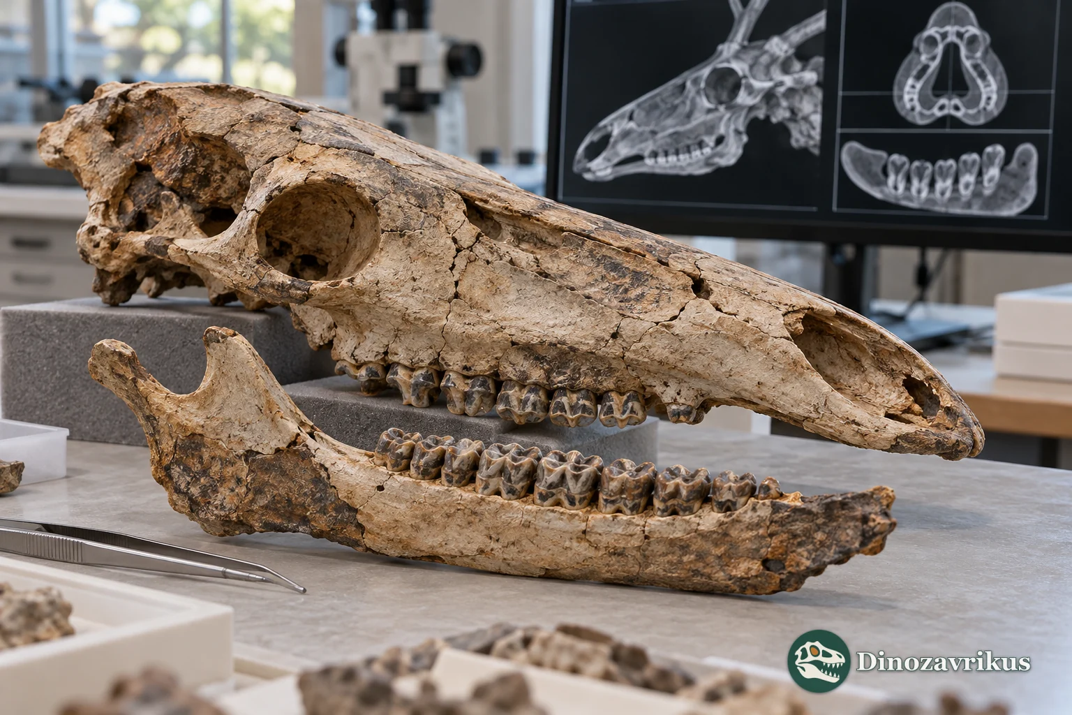 Illustrative fossil deer snout and cheek teeth in a research setting