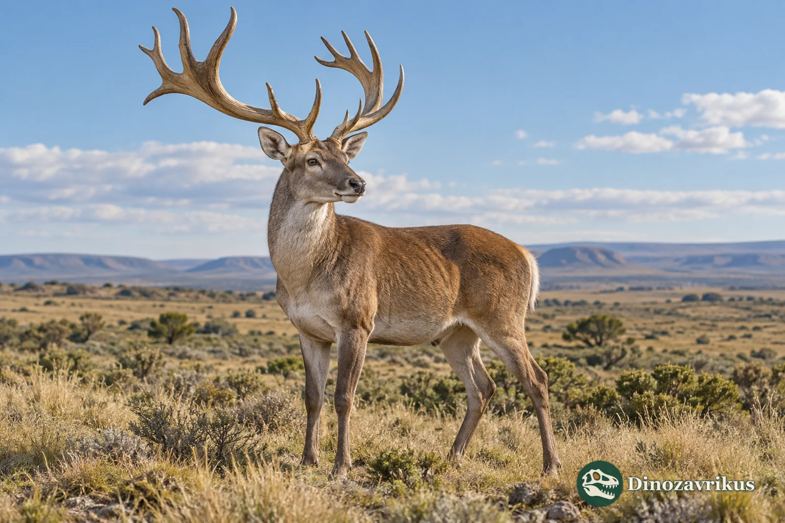 Artistic reconstruction of a large-antlered Morenelaphus deer in the Pleistocene South American Pampas