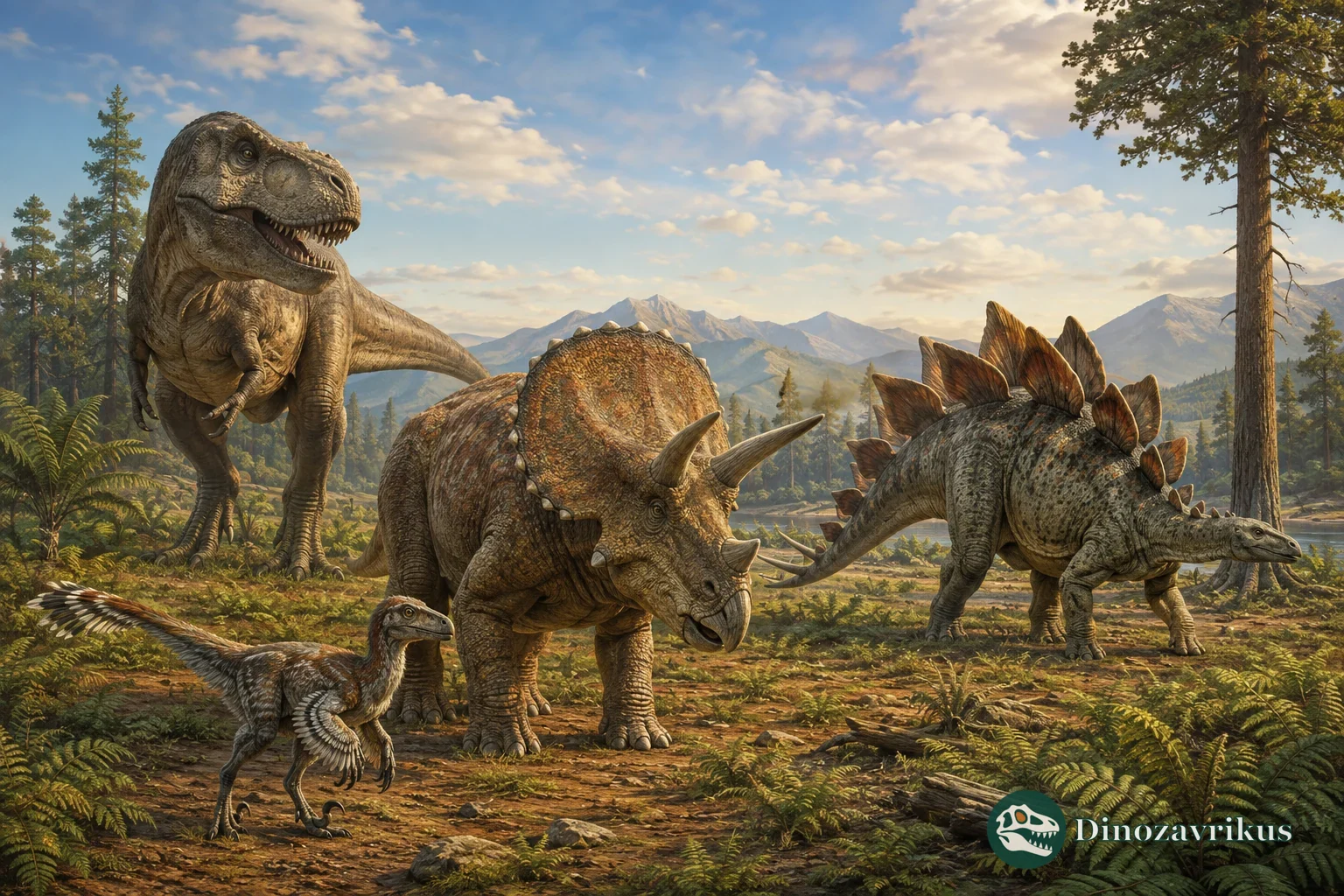 Tyrannosaurus, Triceratops, Stegosaurus and a feathered Velociraptor in an imagined landscape