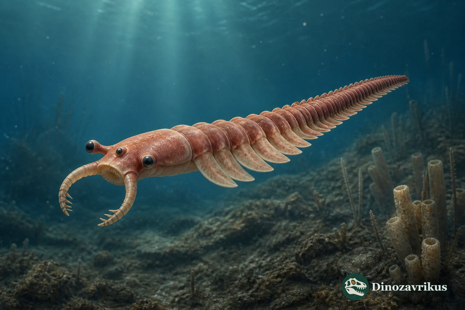 Mosura fentoni swimming above the Burgess Shale seafloor, with three eyes, paired spiny frontal appendages and a long segmented trunk