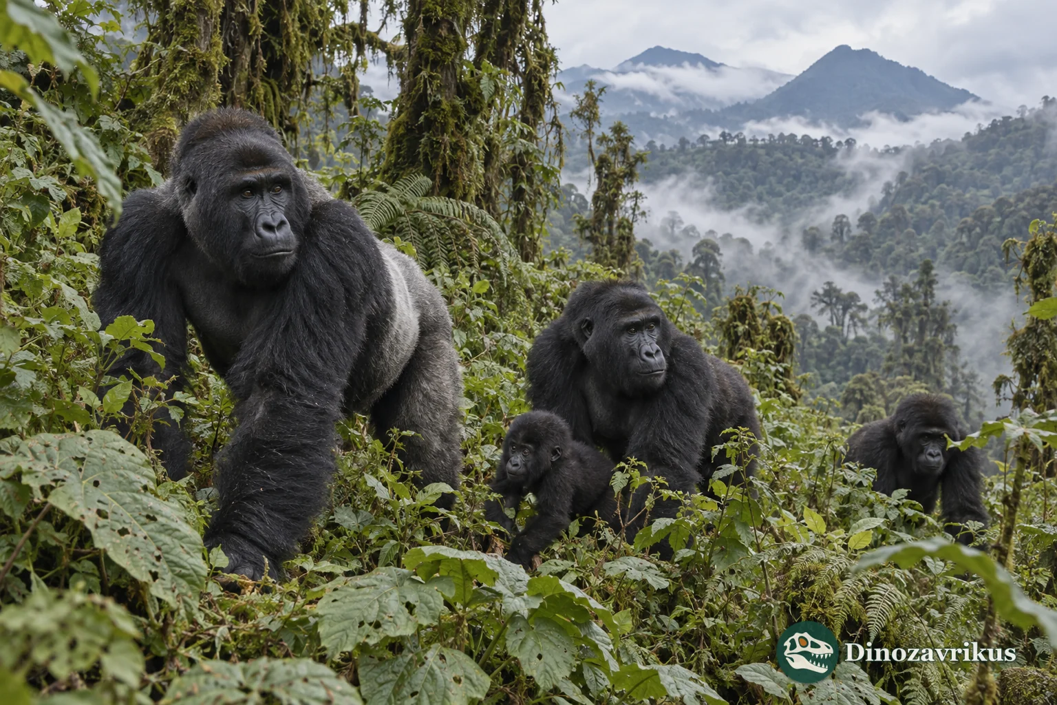 Mountain gorilla seated among dense green leaves in an Afromontane forest