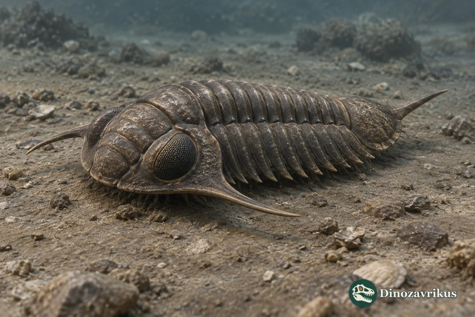 Reconstruction of a Mucronaspis trilobite with large eyes, long cheek spines and an axial tail point