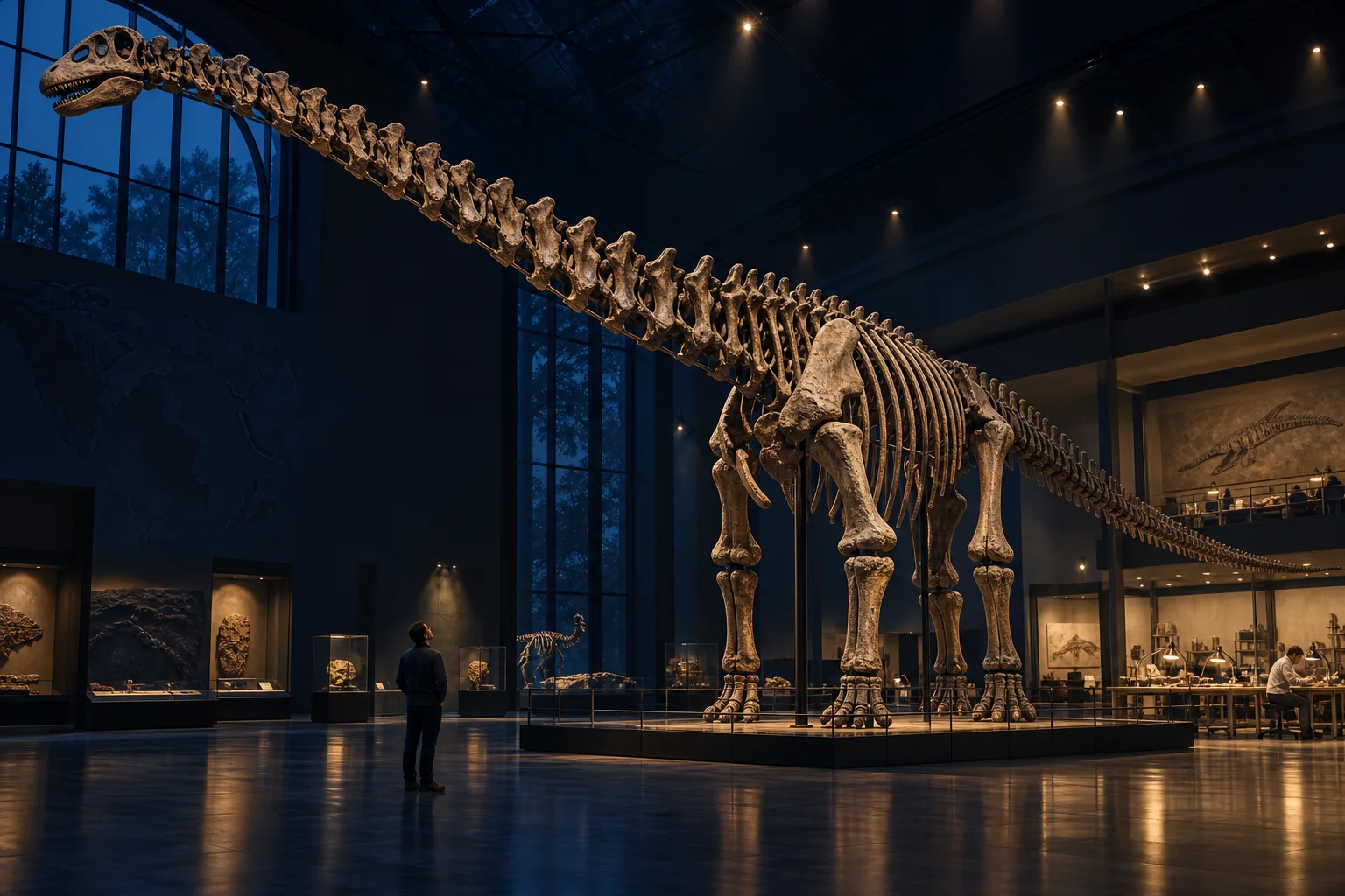 A mounted sauropod skeleton in a natural history museum hall