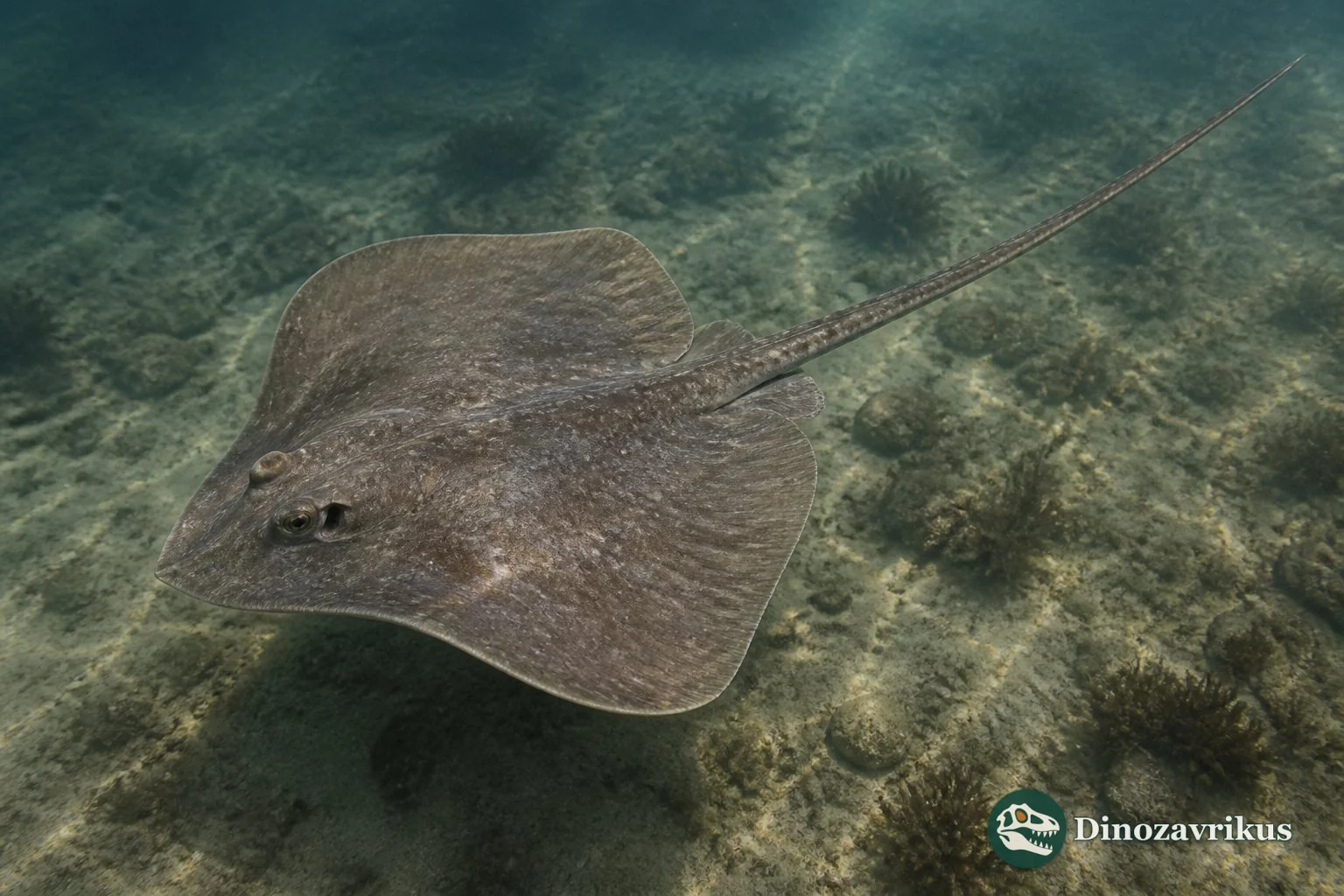 The fossil ray Myledaphus bipartitus, with the broad pectoral disc and tail informed by the newly described Campanian skeleton