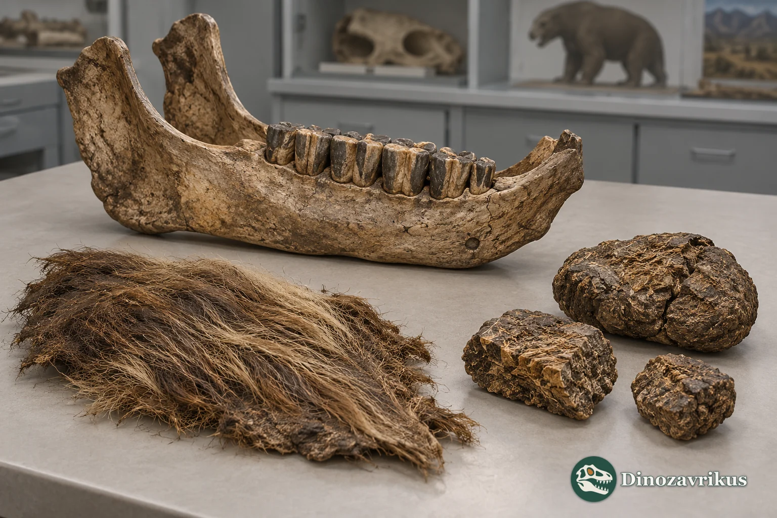Illustrative arrangement of a Mylodon jaw, preserved hair and coprolites