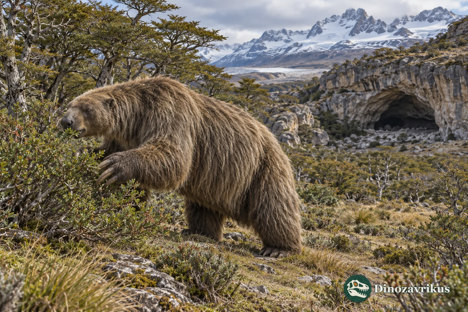 Artistic reconstruction of Mylodon browsing in a Patagonian shrubland