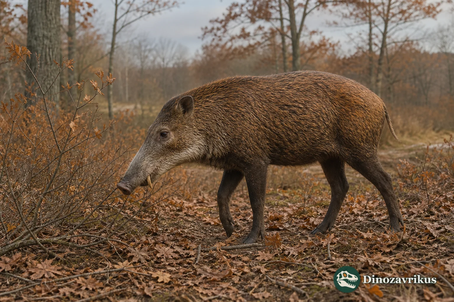 Mylohyus browsing in a Pleistocene woodland, with its long face and downward-pointing tusks visible