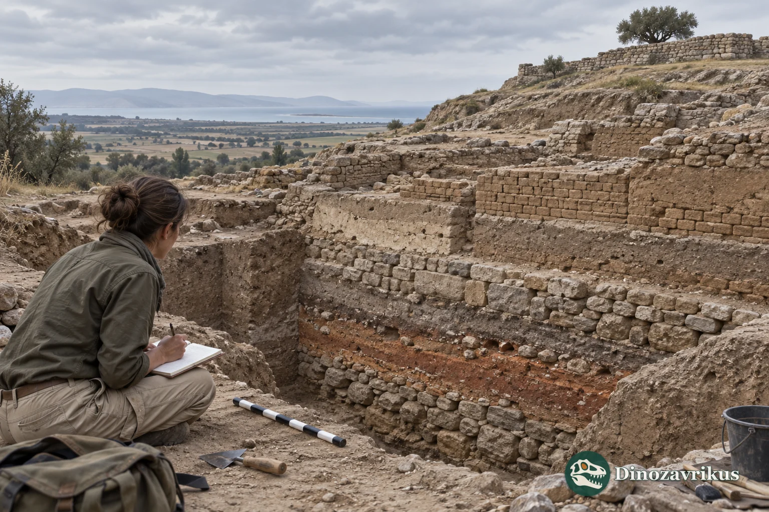 Archaeologist examining layers at the Hisarlık excavation site associated with Troy