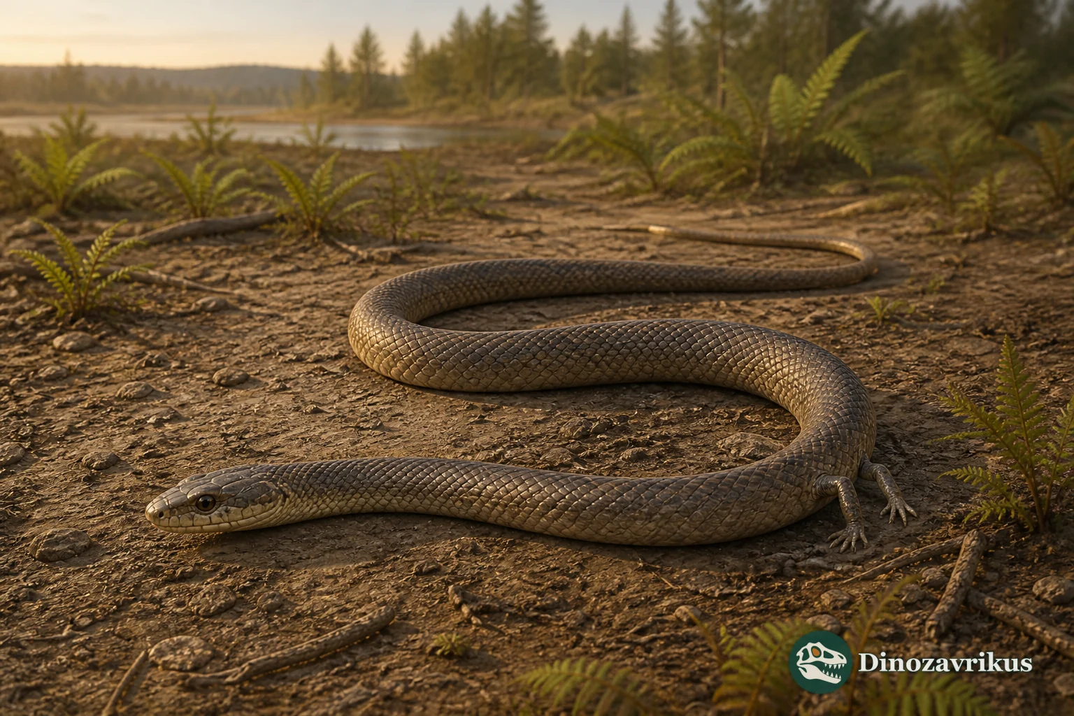 Najash rionegrina moving across a Cretaceous Patagonian floodplain with small hind limbs visible