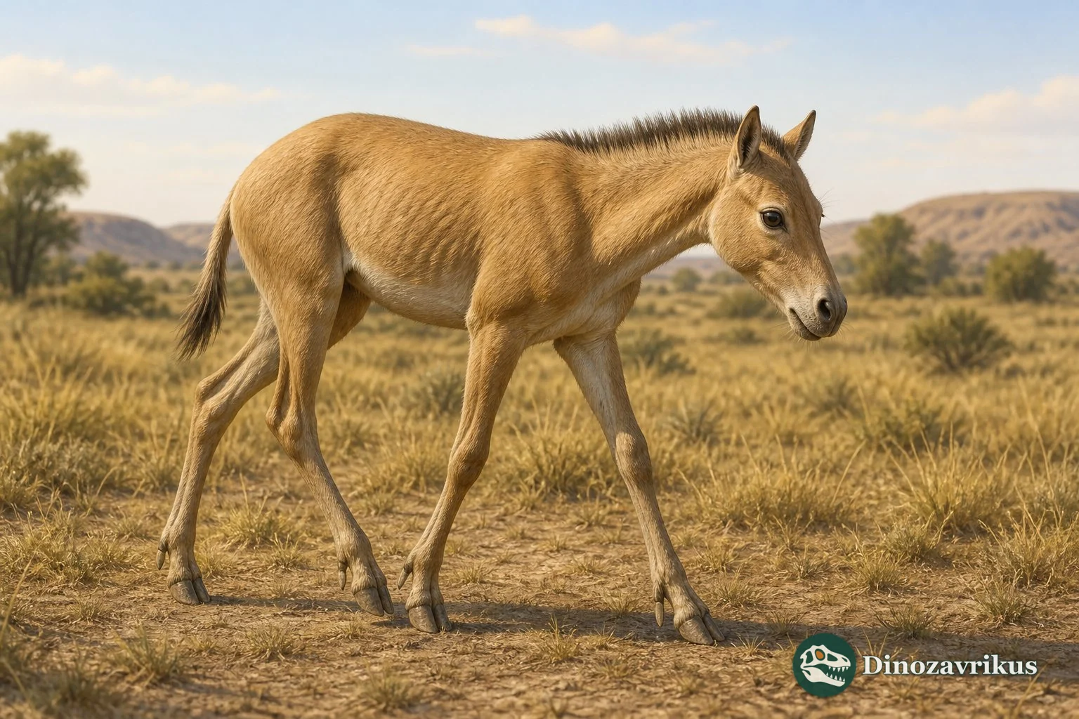 Nannippus three-toed horse crossing a reconstructed open woodland