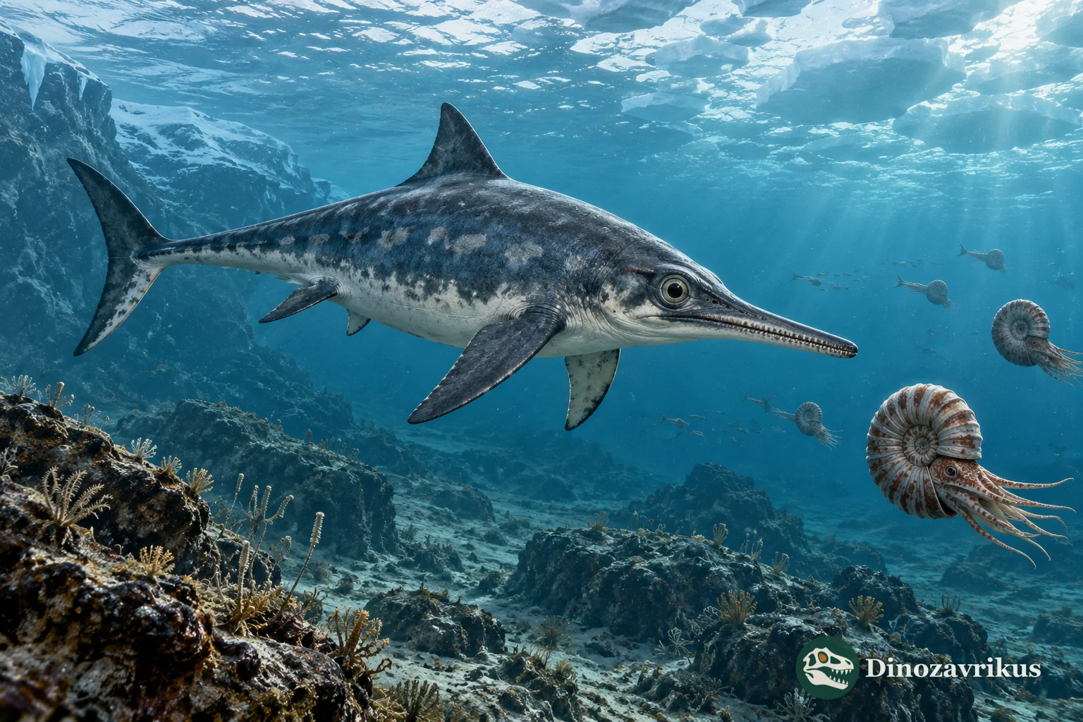 Artistic reconstruction of an Arctic sea and a late Nannopterygius relative