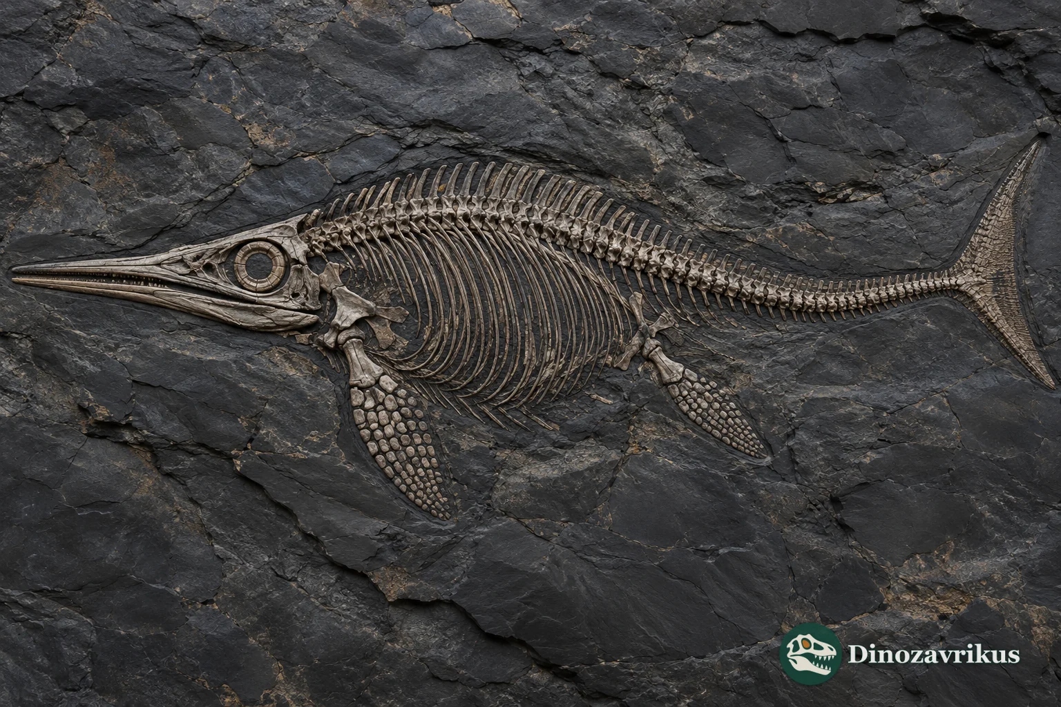 Educational illustration of an ichthyosaur skeleton in rock