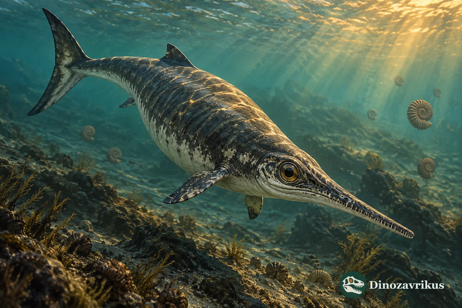 Artistic reconstruction of Nannopterygius in a Late Jurassic sea