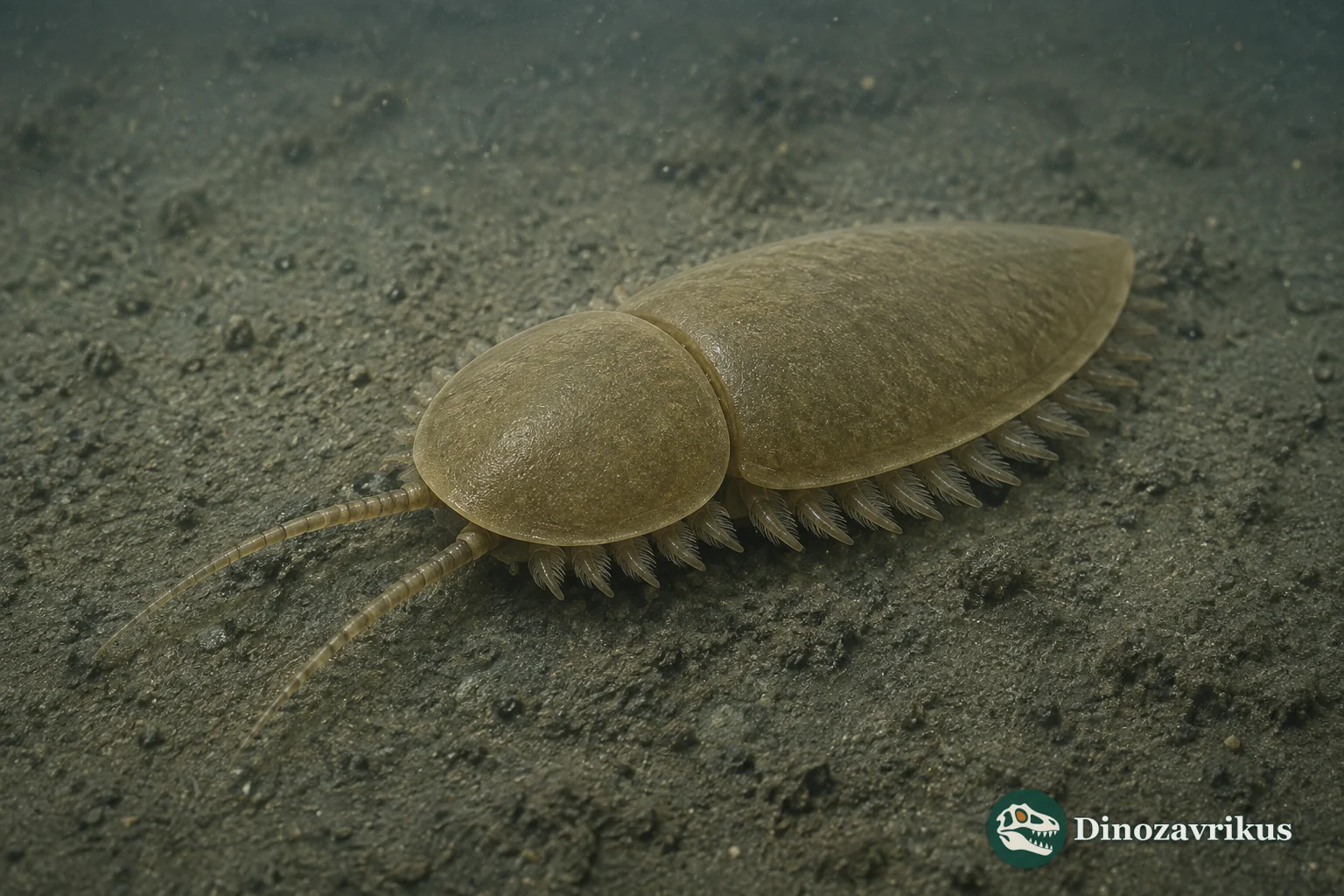 Naraoia with two dorsal shields, antennae and rows of biramous limbs on the Cambrian seafloor