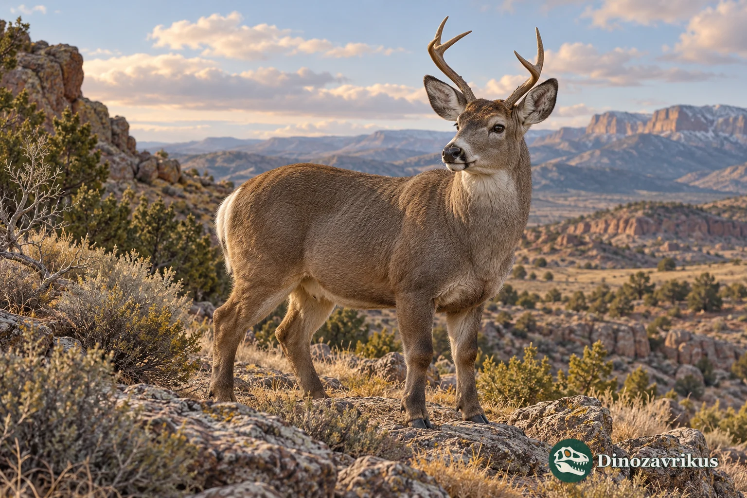 Conceptual reconstruction of a sturdy Pleistocene deer on a rocky southwestern slope