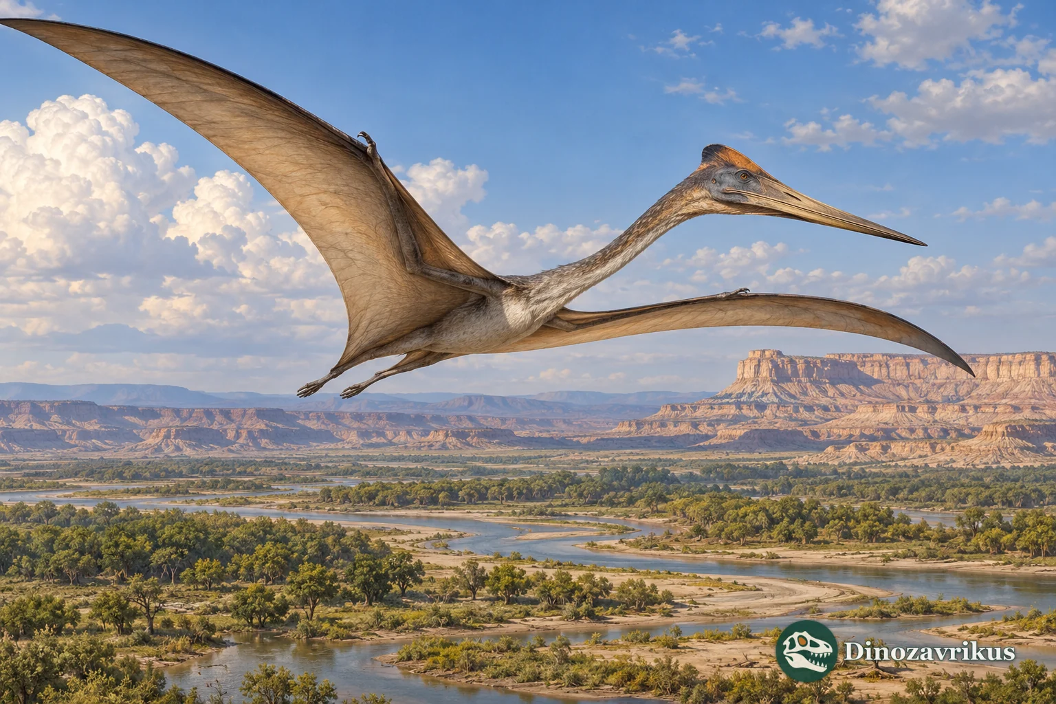 Artistic reconstruction of Navajodactylus flying over the Late Cretaceous San Juan Basin
