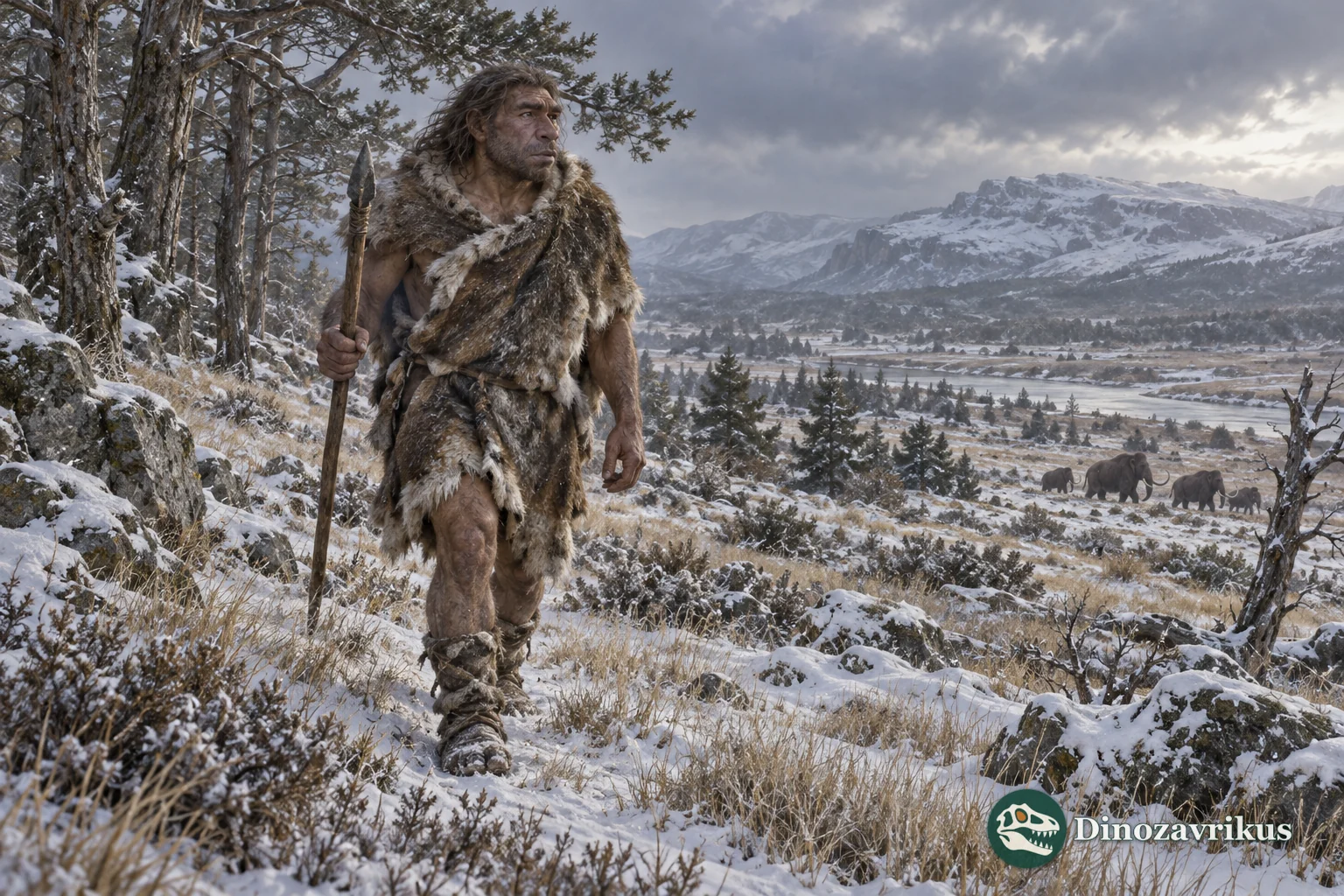 A Neanderthal walking across a snow-dusted Ice Age landscape
