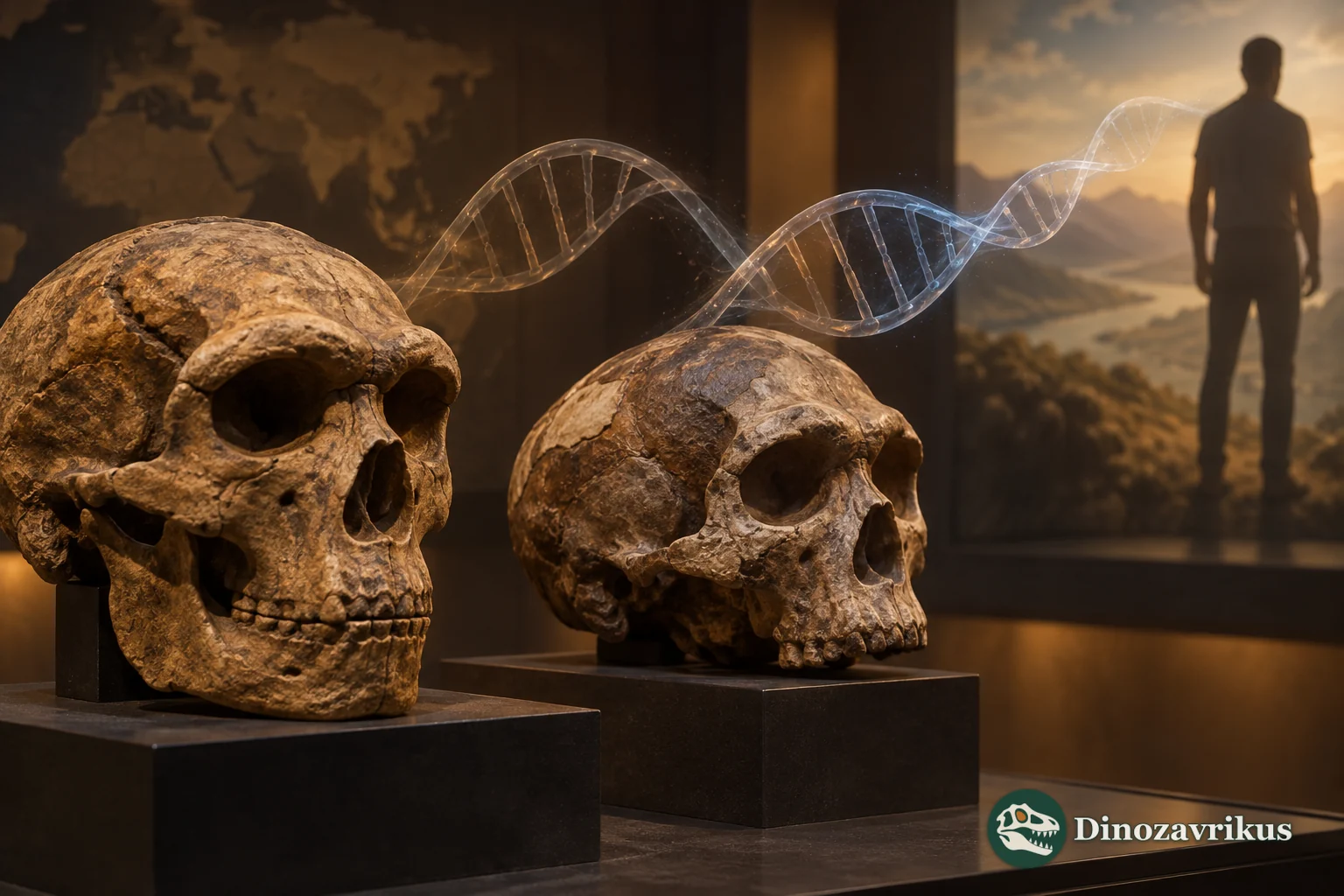 Neanderthal and Denisovan skull casts with a modern human silhouette, an illustration of ancient genetic relationships