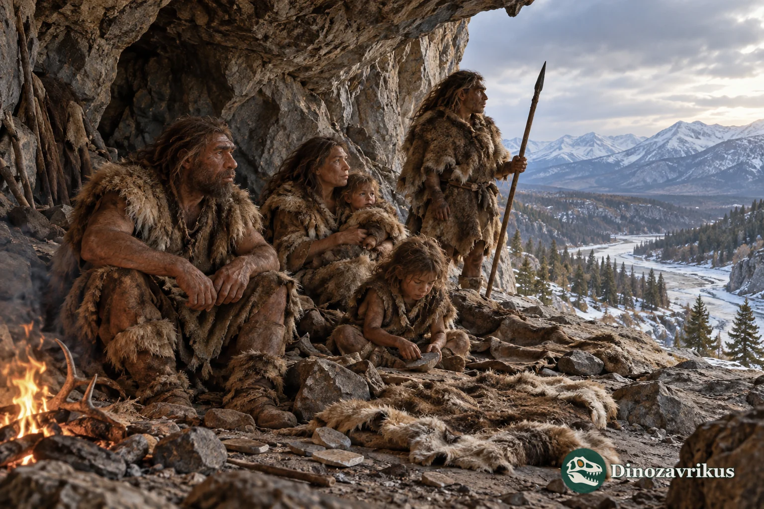An illustrative group of Neanderthals sheltering near a cave in the Altai Mountains