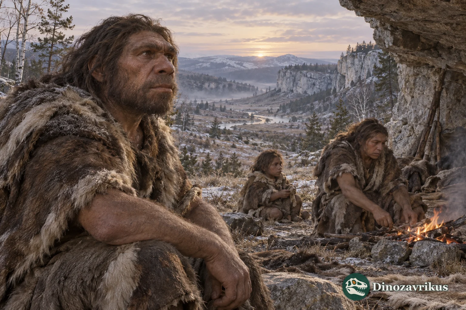 A Neanderthal family beside a limestone shelter in a Late Pleistocene Eurasian landscape