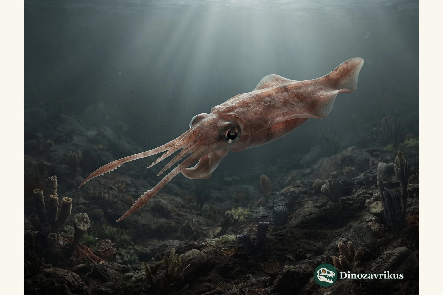 Nectocaris pteryx swimming above the Cambrian sea floor with paired tentacles and lateral fins
