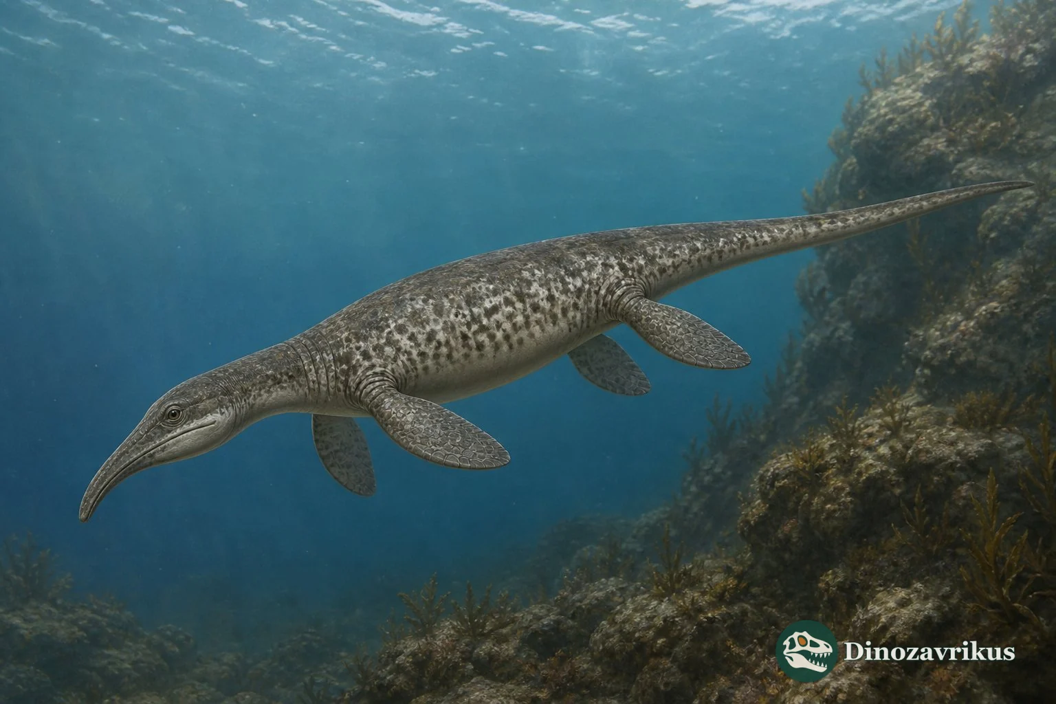 Nectosaurus halius moving above a rocky Late Triassic seabed