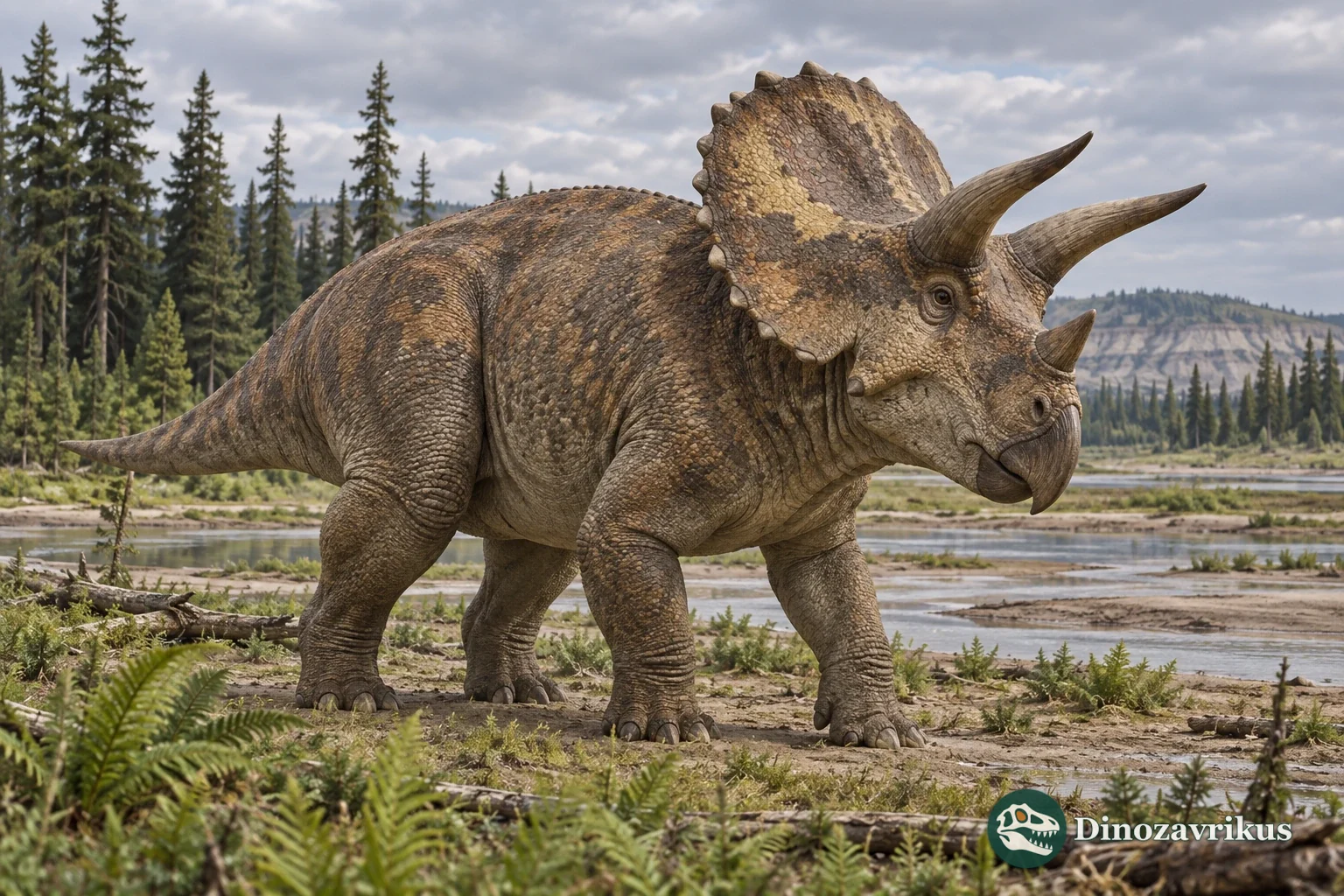 Nedoceratops reconstructed in a Late Cretaceous floodplain landscape