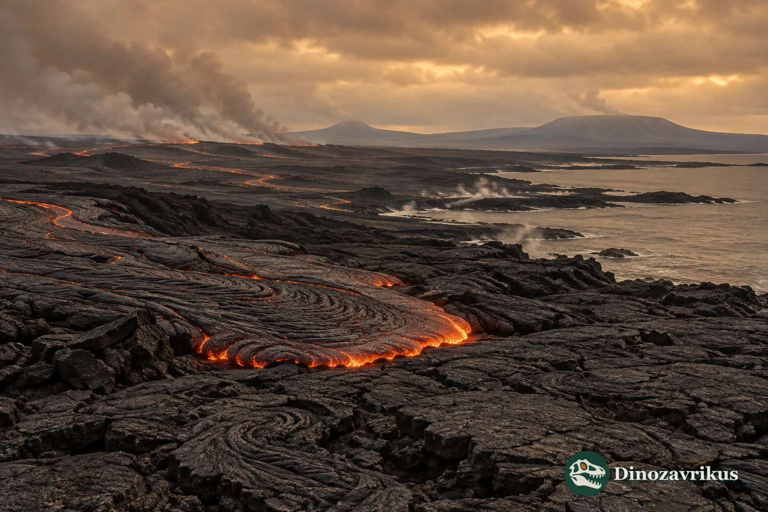 Fluid basaltic lava spreading across a barren Neoarchean volcanic region