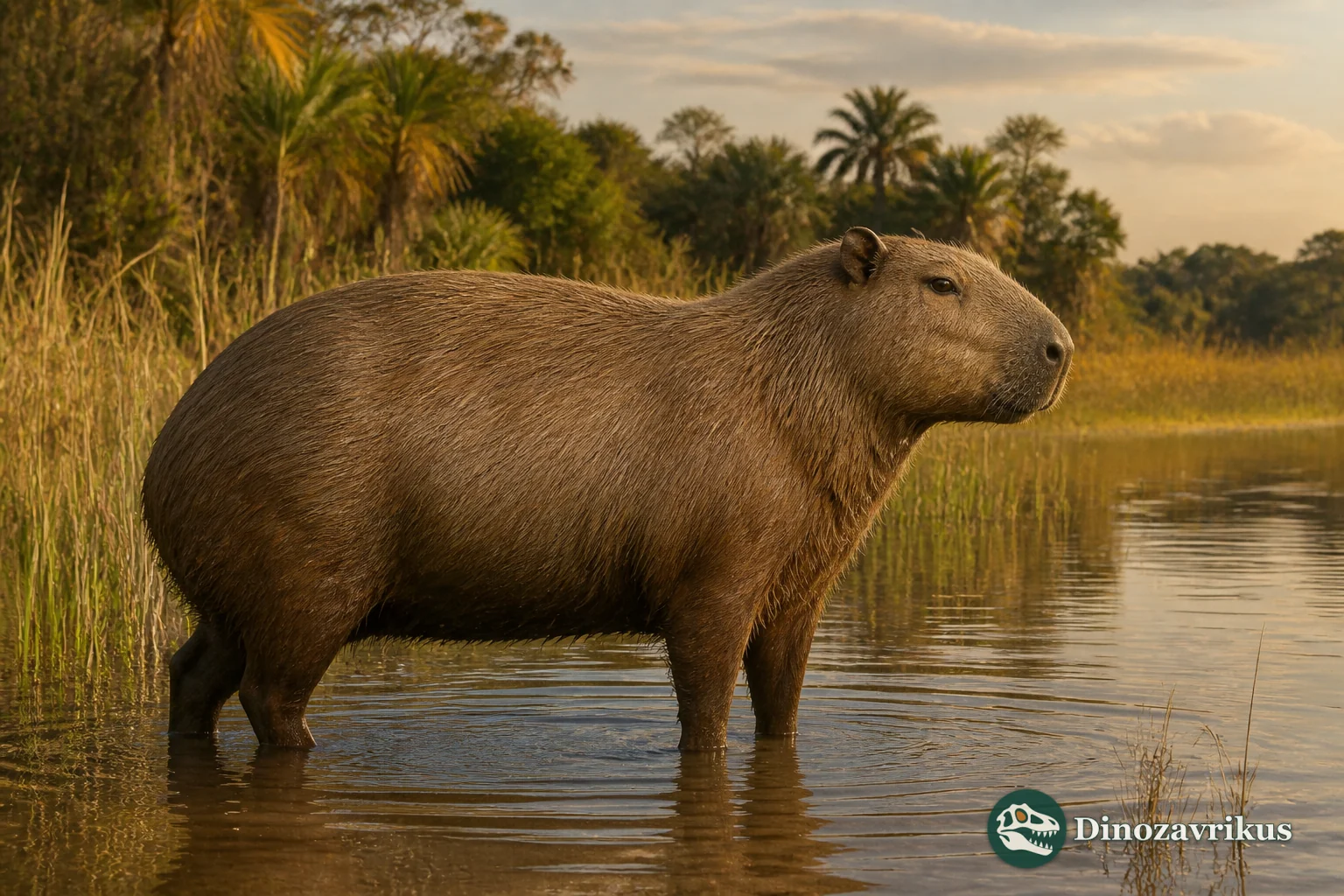 Reconstruction of the giant capybara Neochoerus beside a Pleistocene waterway
