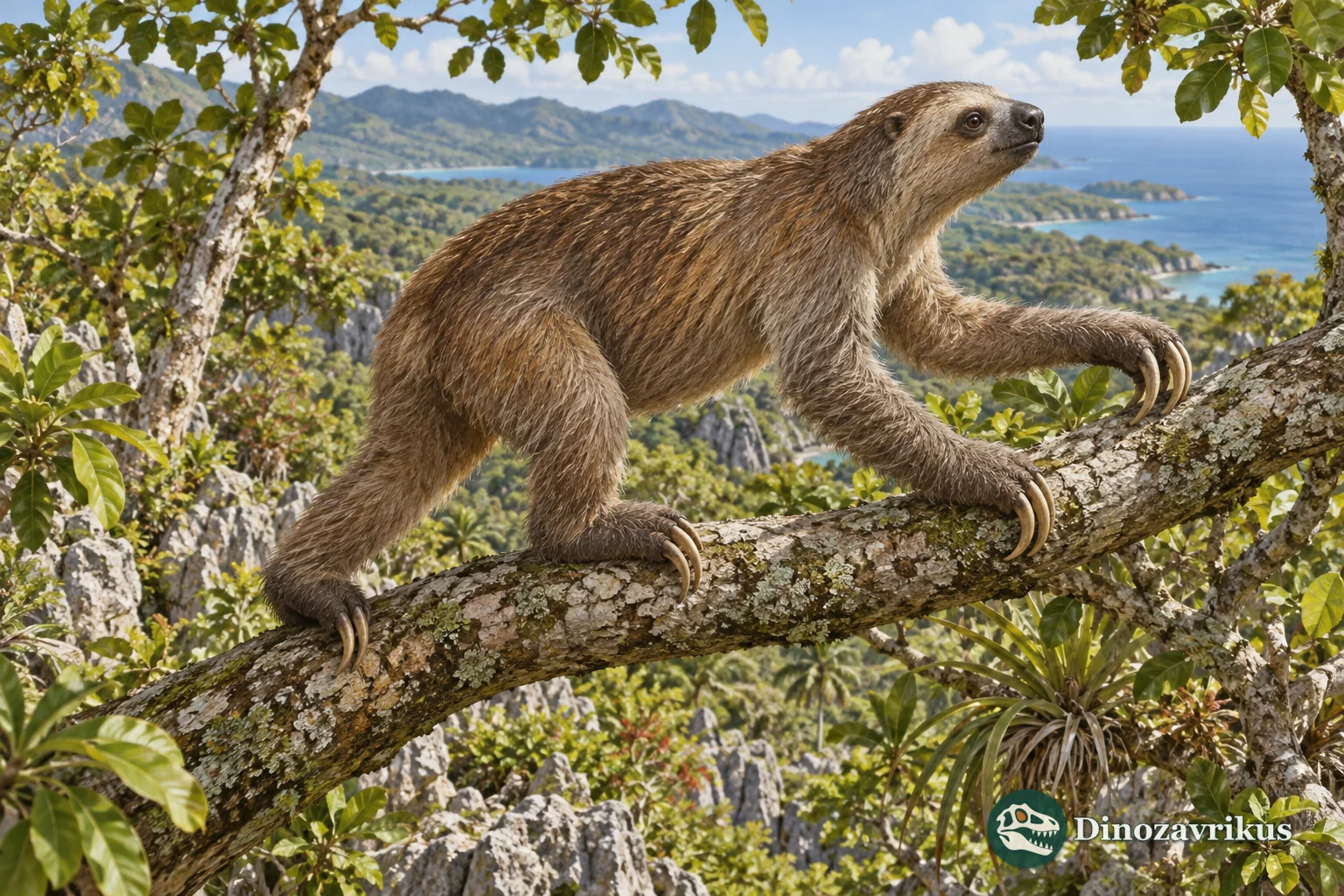 Artistic reconstruction of an island Neocnus sloth climbing a tree