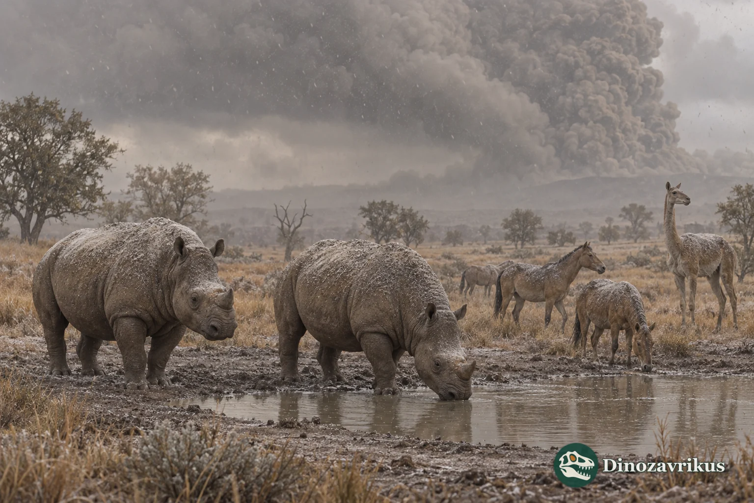 Teleoceras rhinoceroses and small horses near a waterhole during volcanic ashfall