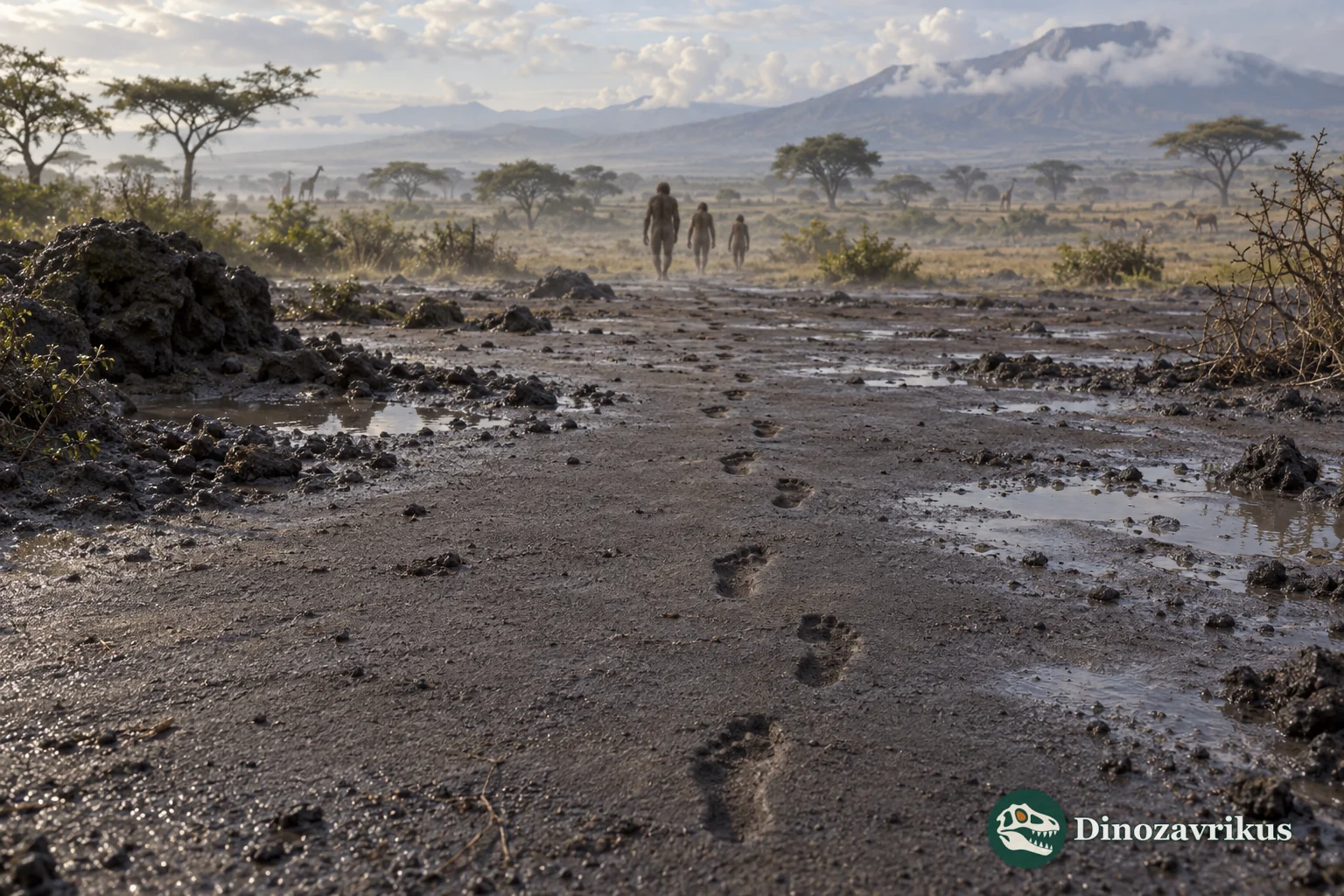 Early hominin footprints crossing wet volcanic ash at Laetoli