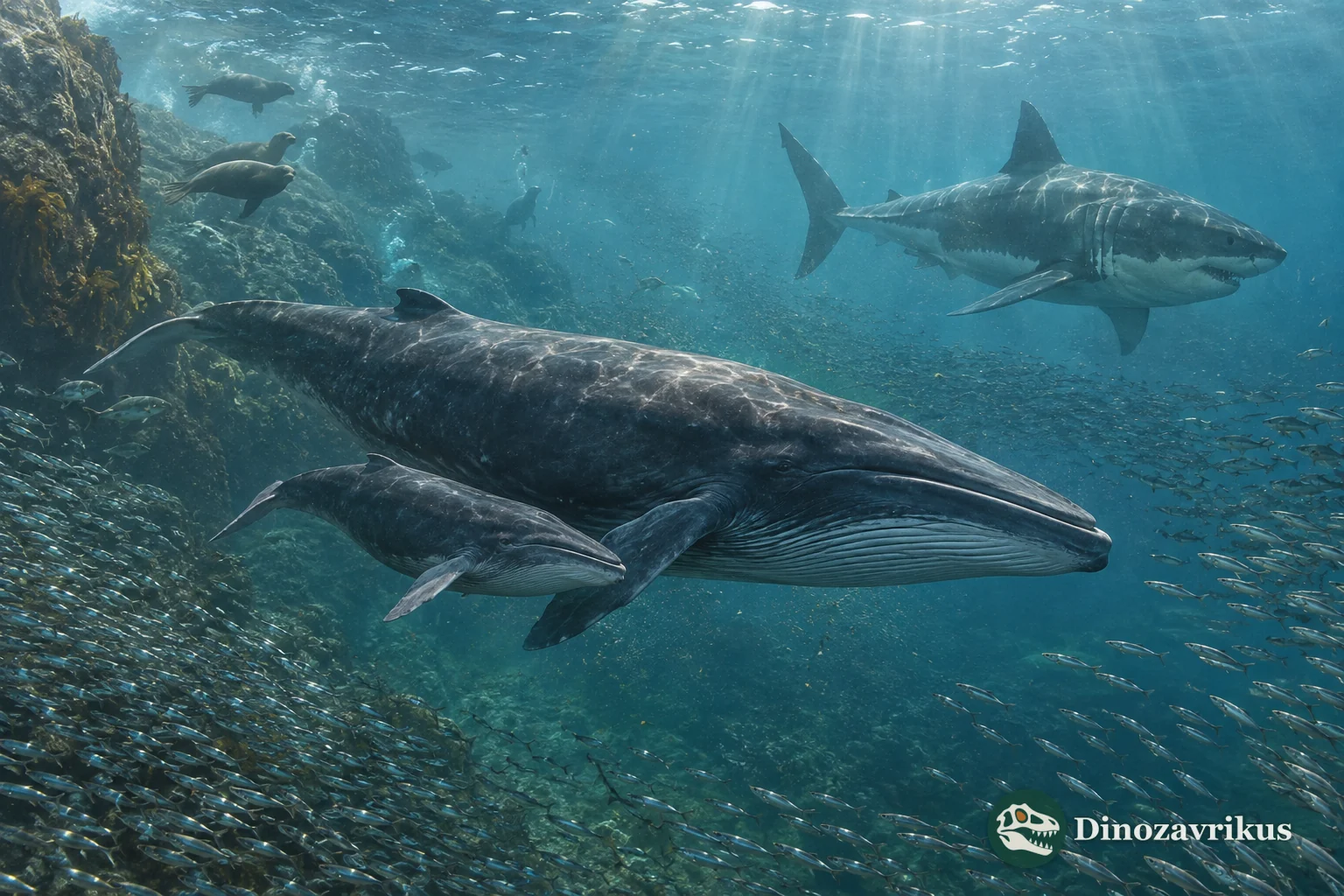 Miocene ocean with baleen whales, Otodus megalodon and early pinnipeds