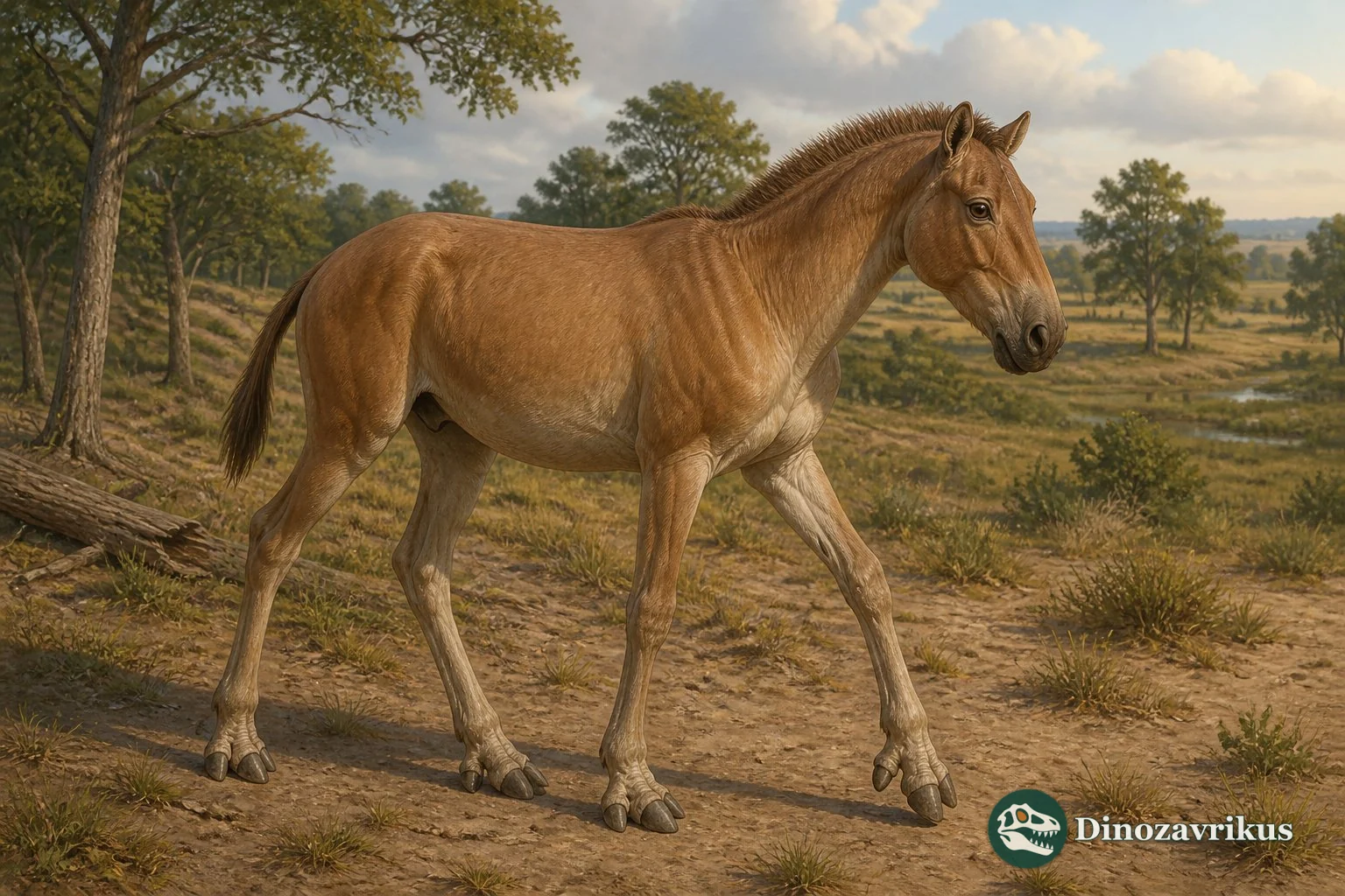 Neohipparion horse in a reconstructed late Miocene woodland savanna