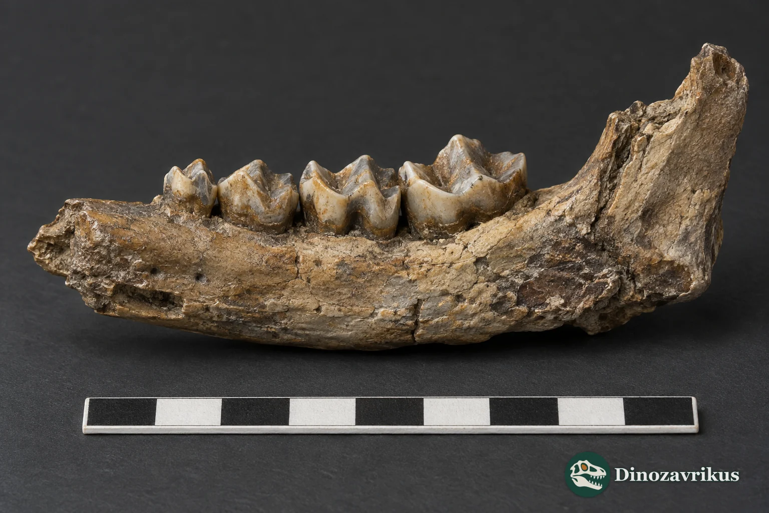 Illustrative fossil lower jaw on a study table