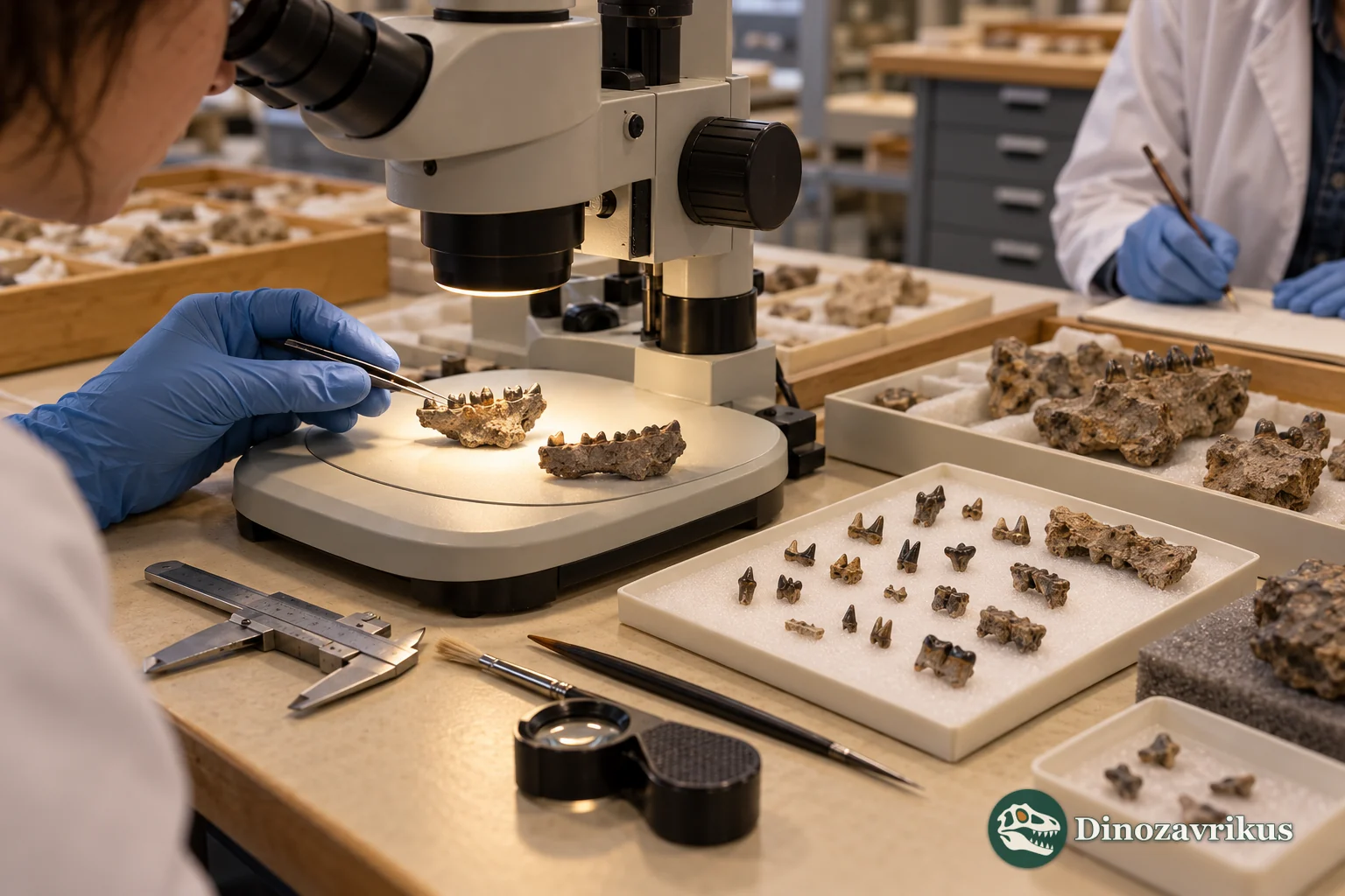 Illustrative museum study of small mammal fossils under magnification
