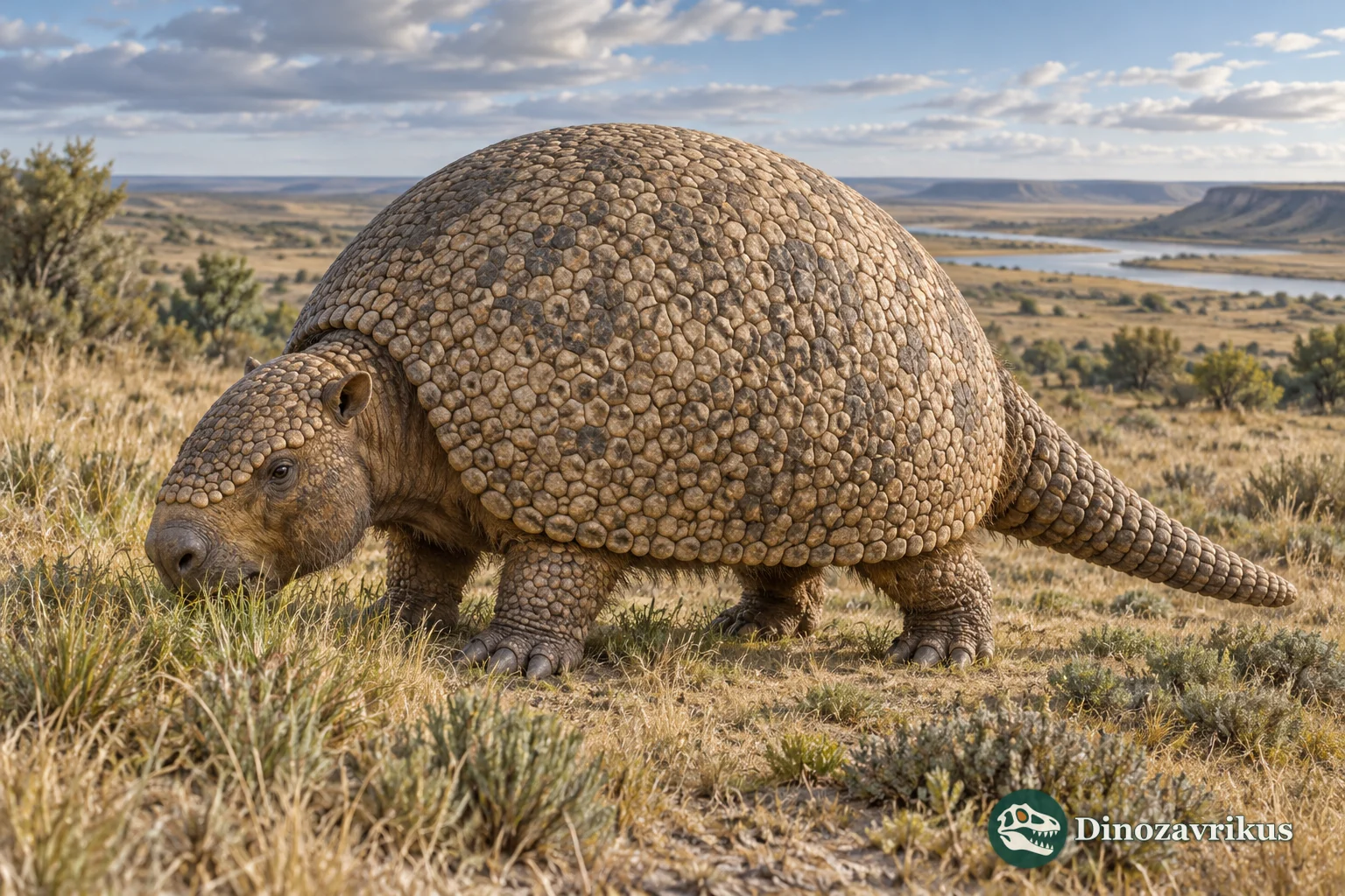 Artistic reconstruction of Neosclerocalyptus in the South American Pampas