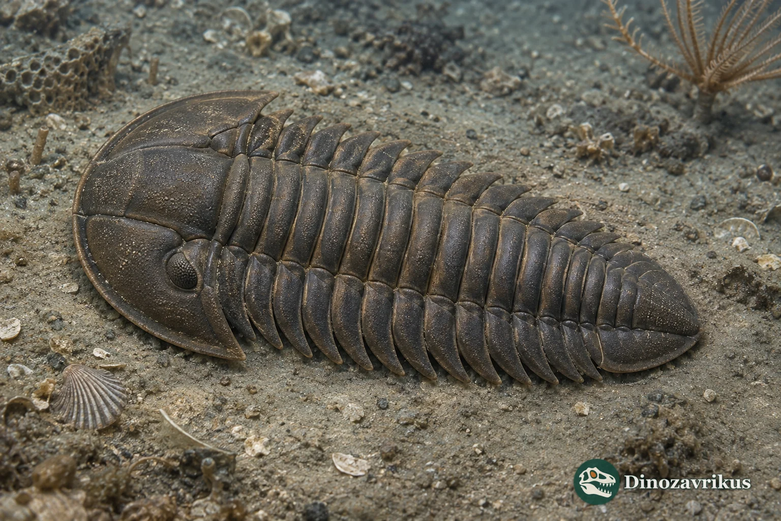 Reconstruction of an Ordovician Neseuretus trilobite with a semicircular head and segmented thorax