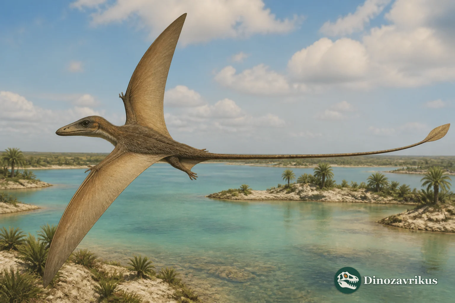 Nesodactylus flying above a Jurassic Cuban coast