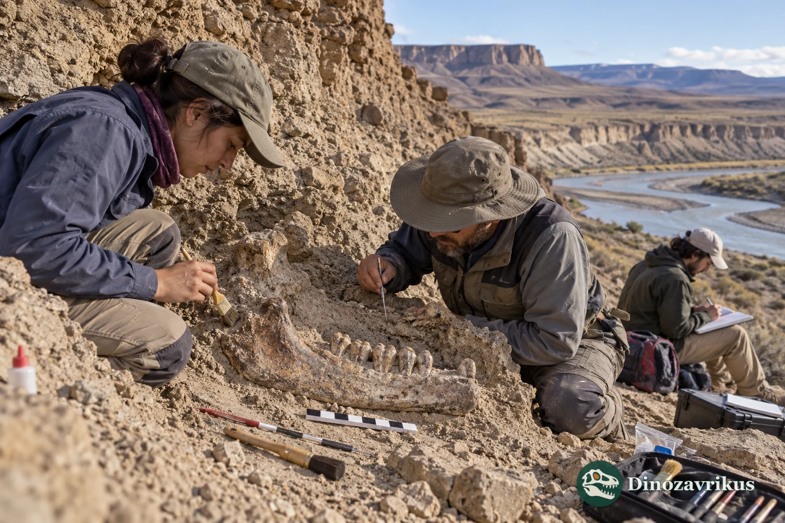 Illustrative palaeontological fieldwork in a Patagonian river cliff