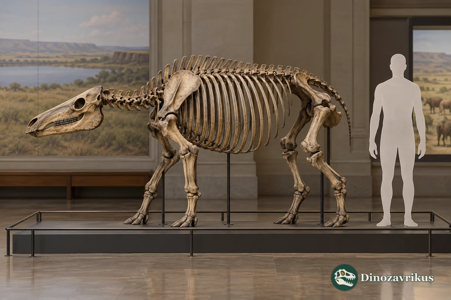 Interpretive Nesodon skeleton display beside a human outline