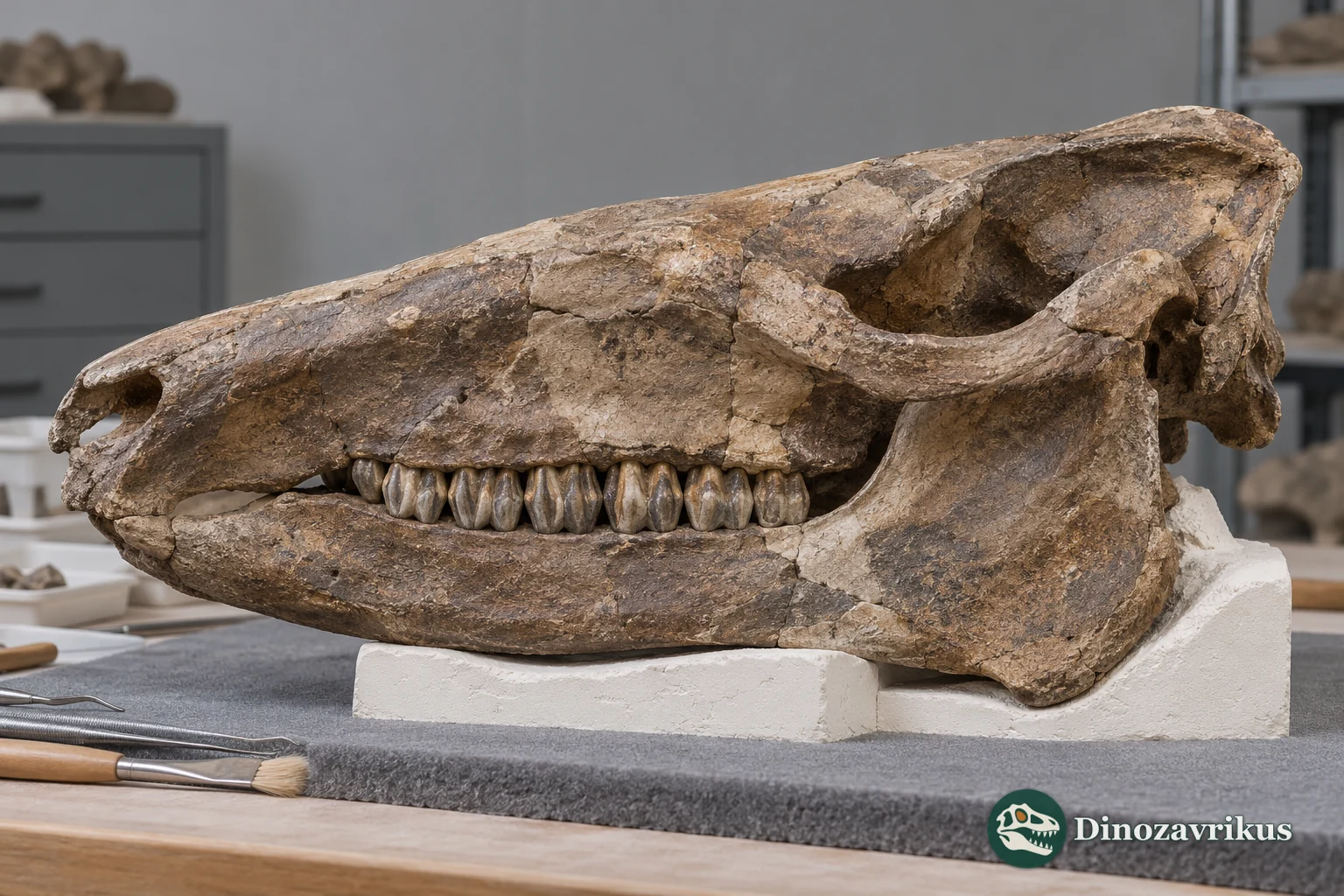 Illustrative Nesodon skull on a museum workbench