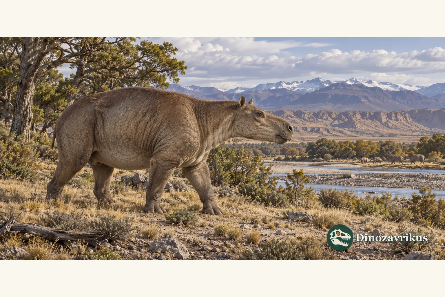 Artistic reconstruction of Nesodon on a Miocene Patagonian river margin
