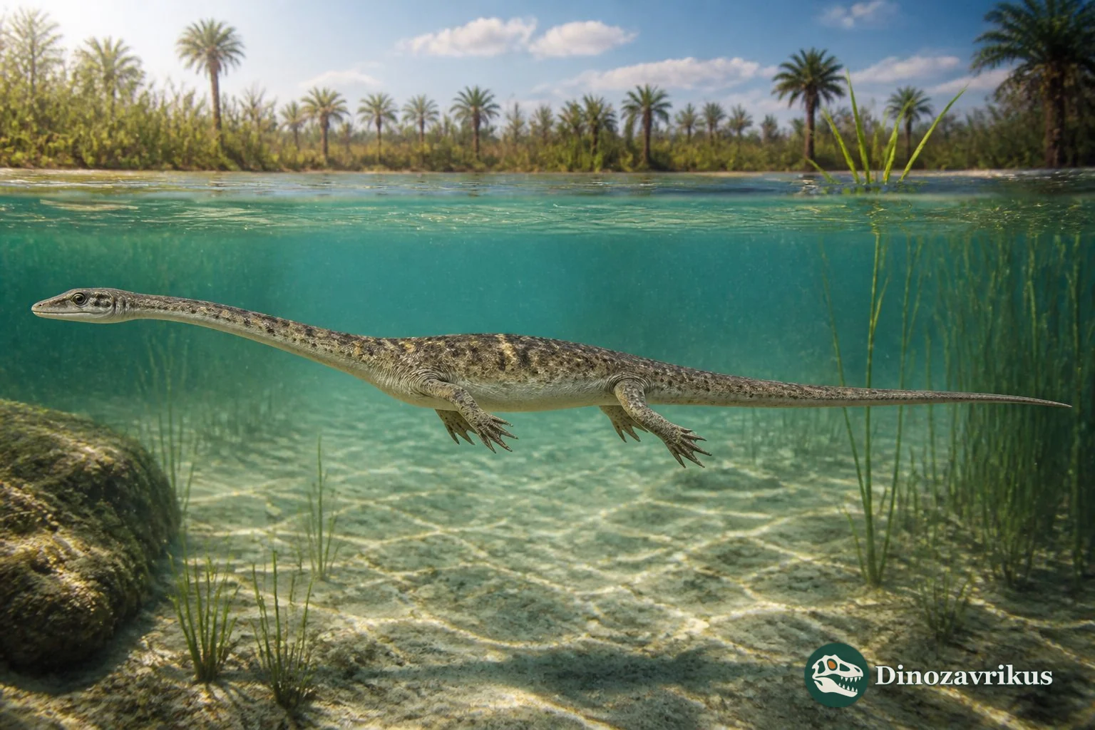 Neusticosaurus swimming through a shallow Middle Triassic lagoon