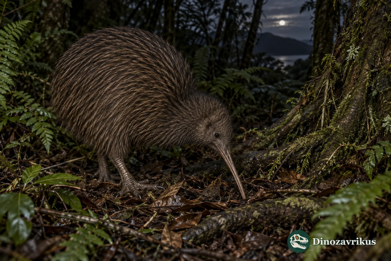 North Island brown kiwi foraging on the forest floor at night