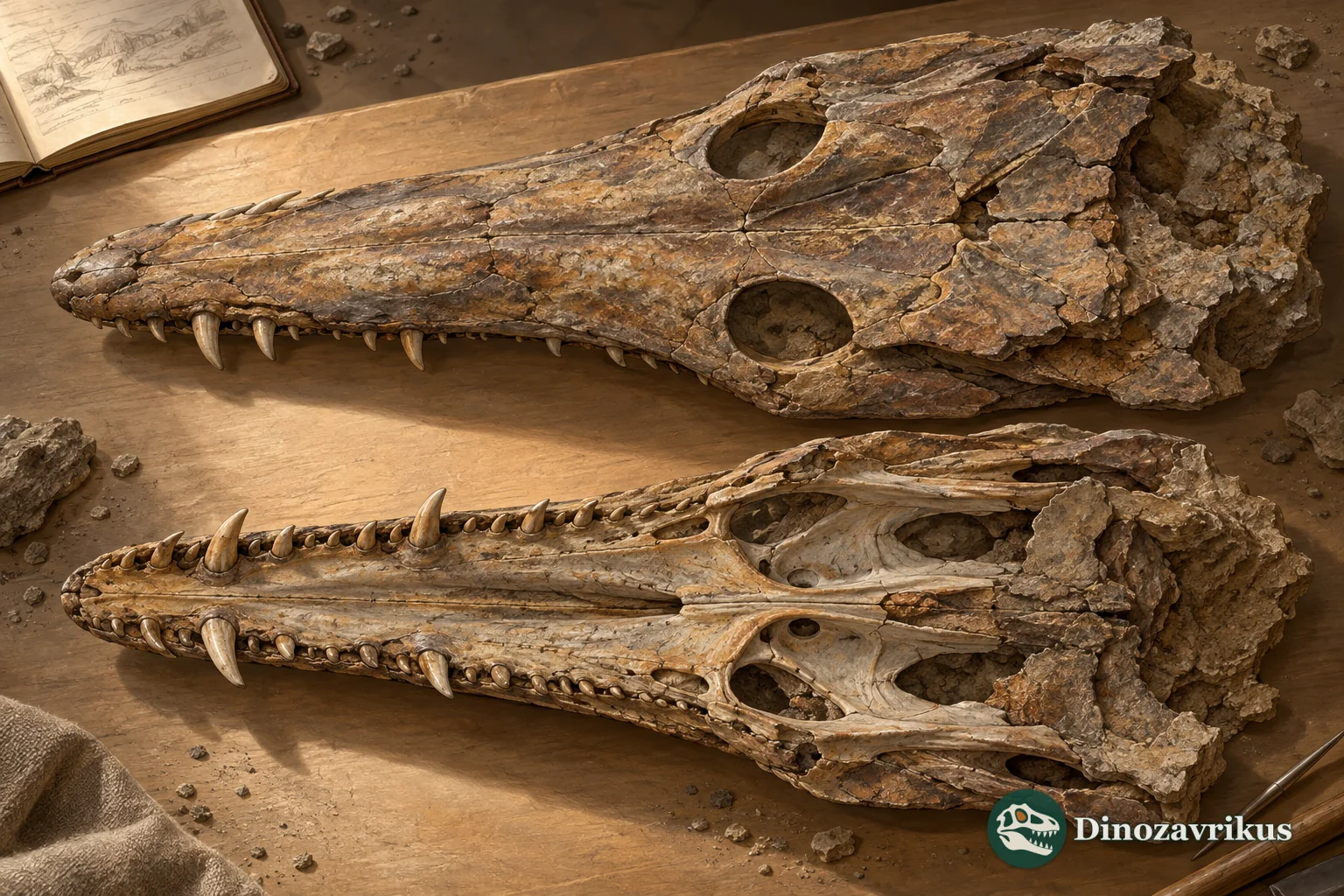 Interpretive dorsal and palatal views of a long Nigerpeton skull