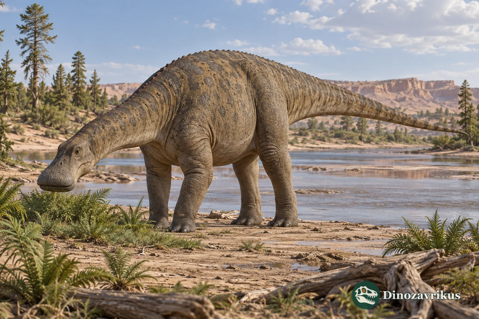 Nigersaurus reconstructed with its broad muzzle close to low vegetation