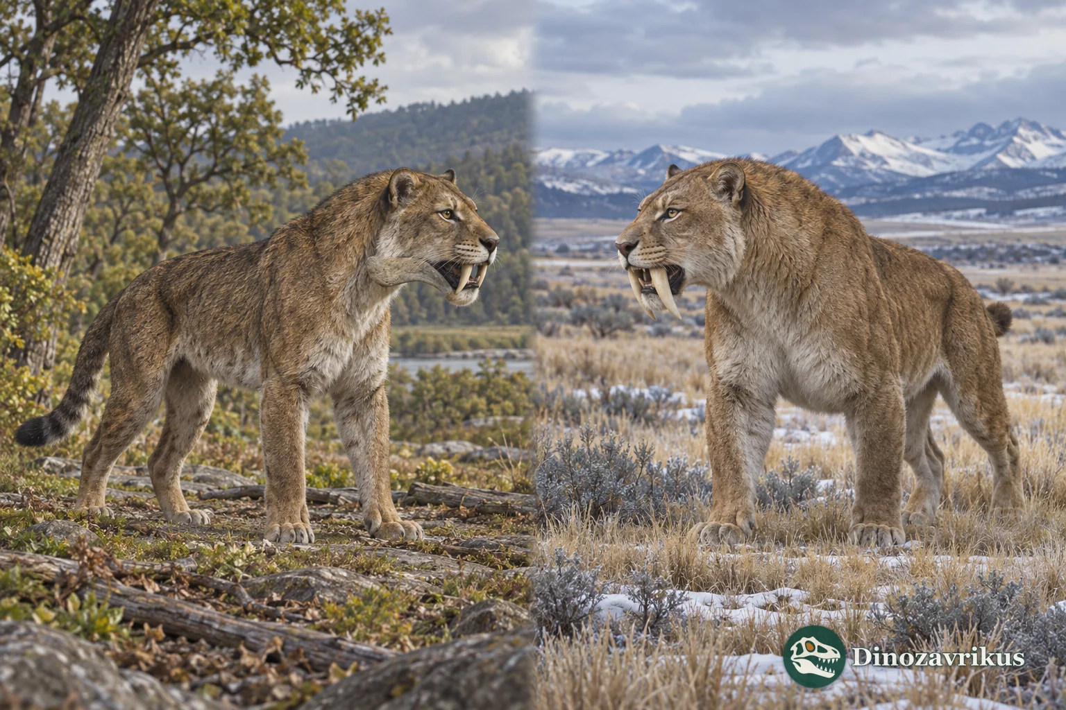 A nimravid and a true sabre-toothed cat shown in separate palaeoenvironments